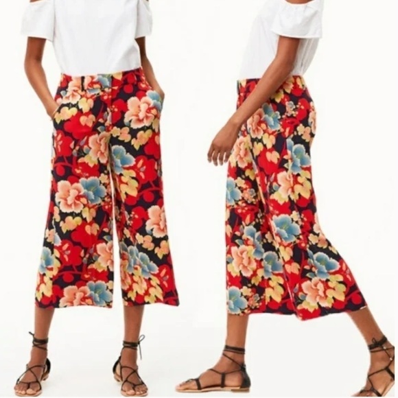 Ann Taylor LOFT Capri Wide Leg Cropped Culottes Floral Tropical Print 8 - Picture 1 of 9